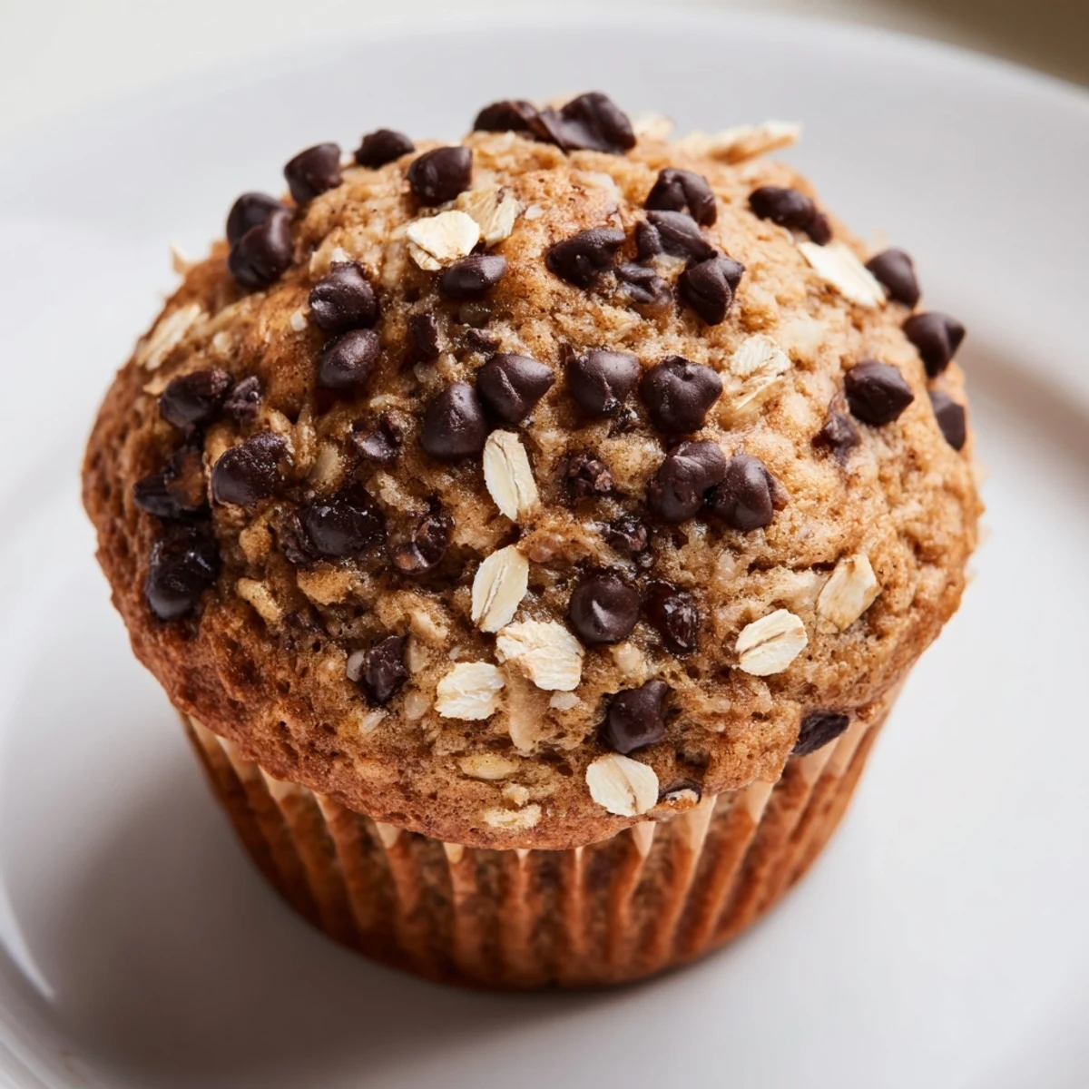Moist banana chocolate chip muffins studded with melting chocolate chips and hearty oat texture