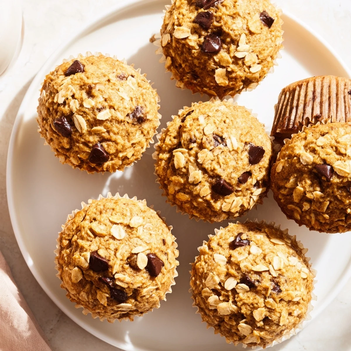 Golden banana oatmeal muffins topped with oats, freshly baked on a wire rack