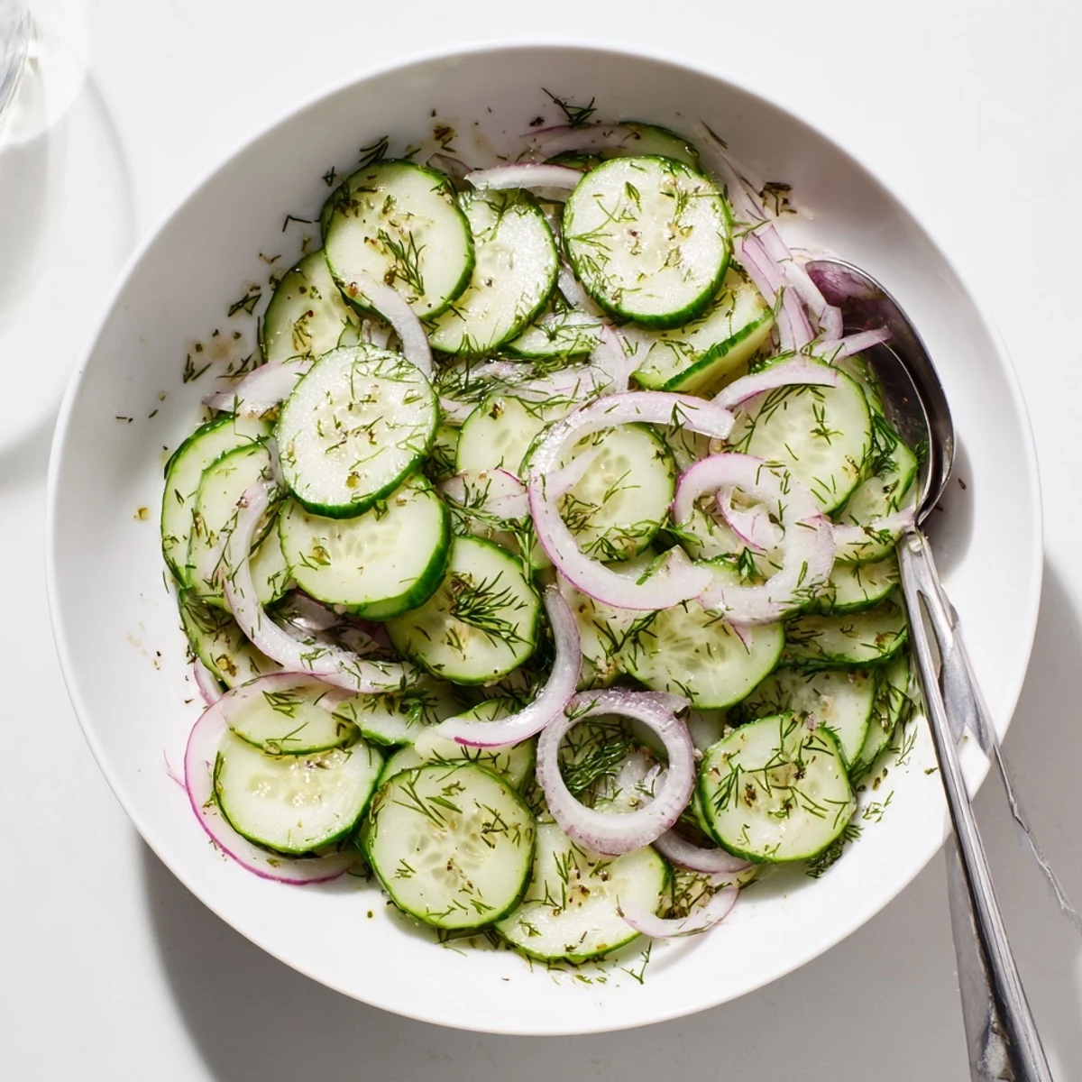 Glass serving dish displaying chilled refreshing cucumber salad with colorful red onion rings and chopped herbs