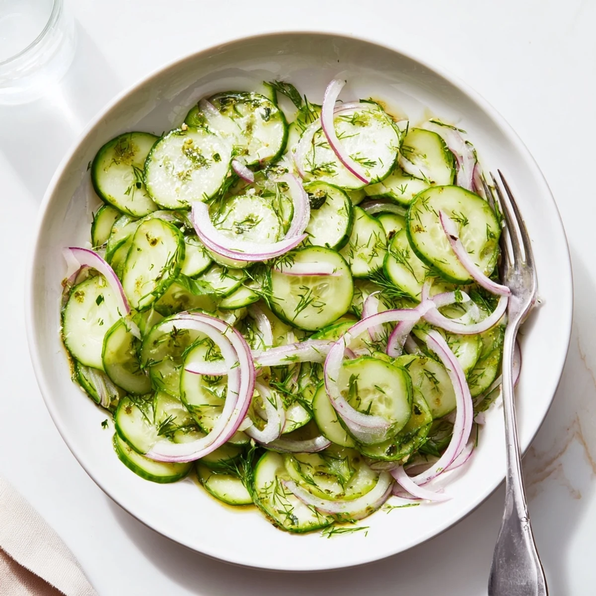 Close-up of refreshing cucumber salad featuring thinly sliced vegetables coated in sweet and tangy dressing