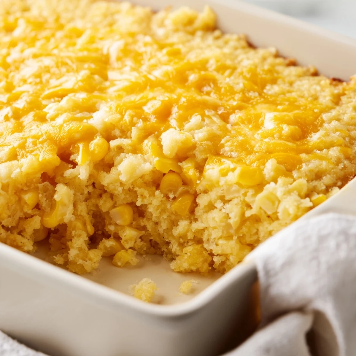 Golden brown Jiffy corn casserole with a creamy texture and melted cheddar cheese topping