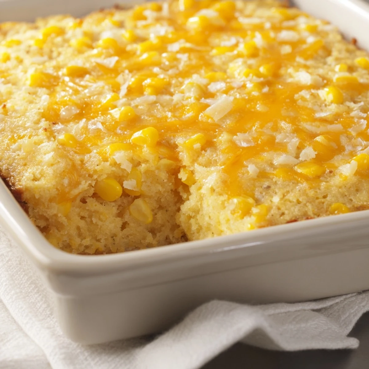 Spoonful of creamy Jiffy corn casserole served in a white bowl alongside holiday roasted turkey