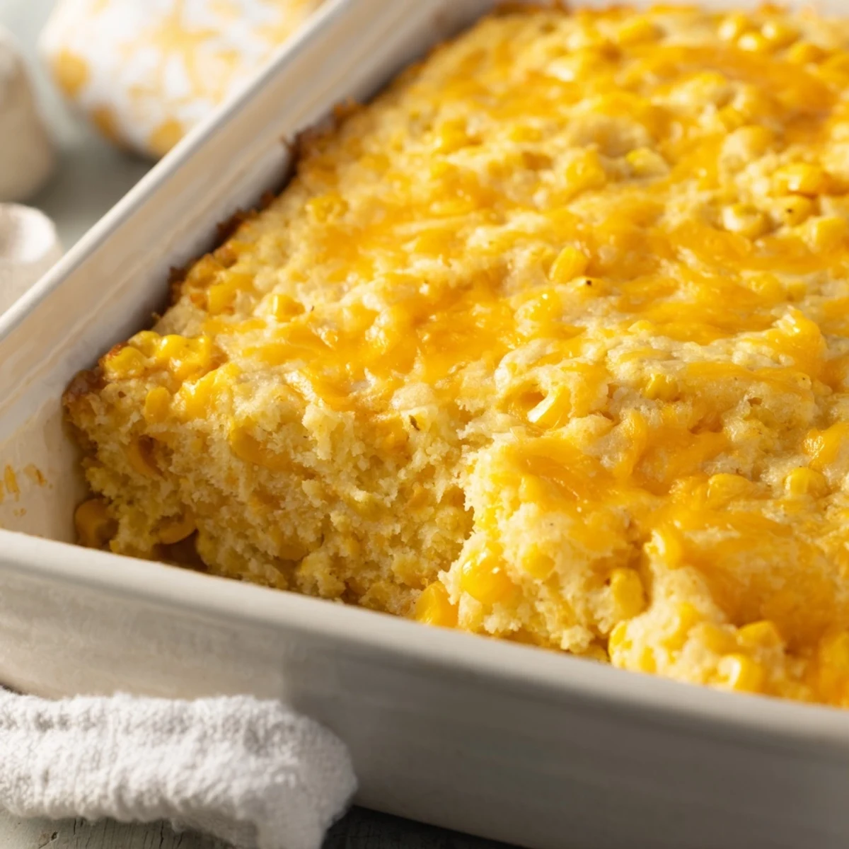 Baked Jiffy corn casserole displaying a golden crust and tender corn-speckled interior in a square dish