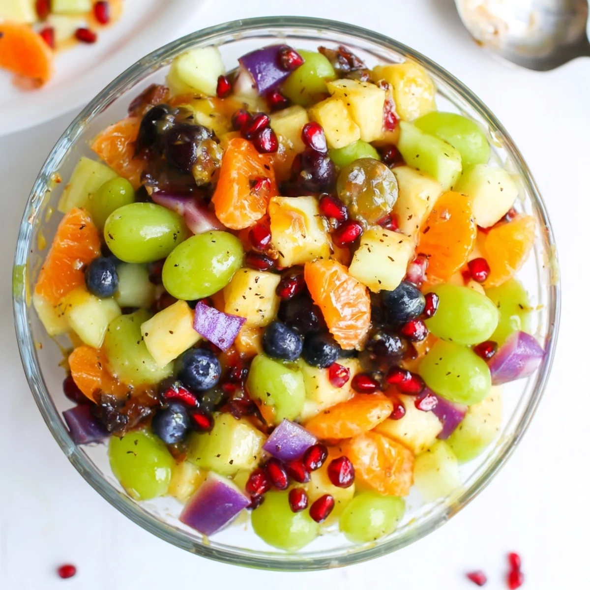 Spooky themed fruit salad bowl featuring seasonal produce coated in citrus honey glaze
