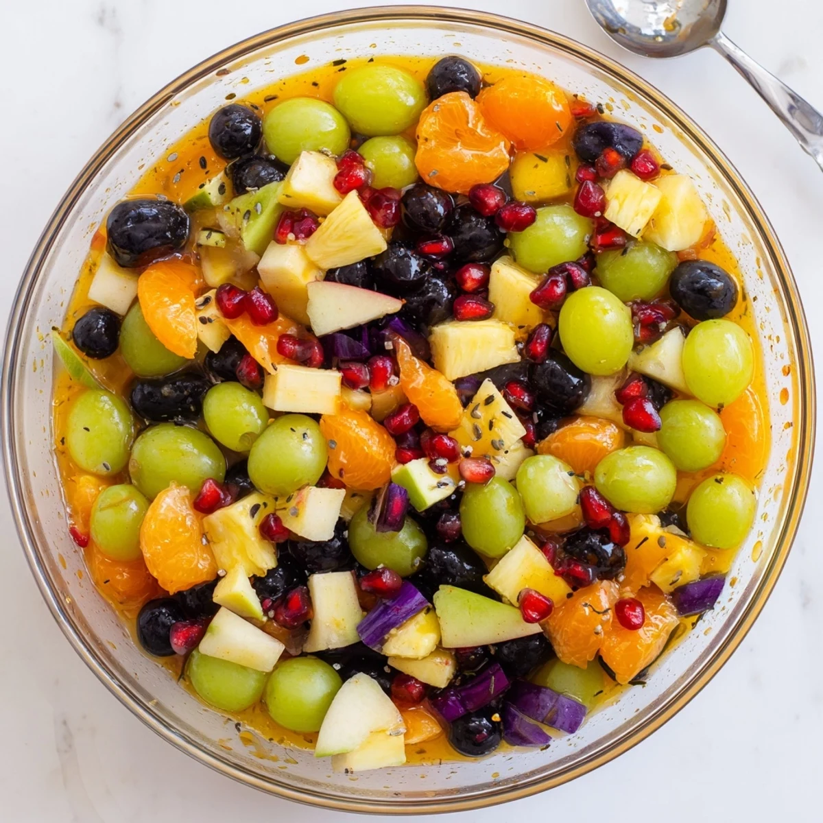 Vibrant Halloween fruit salad with colorful fresh fruits drizzled in sweet honey orange dressing