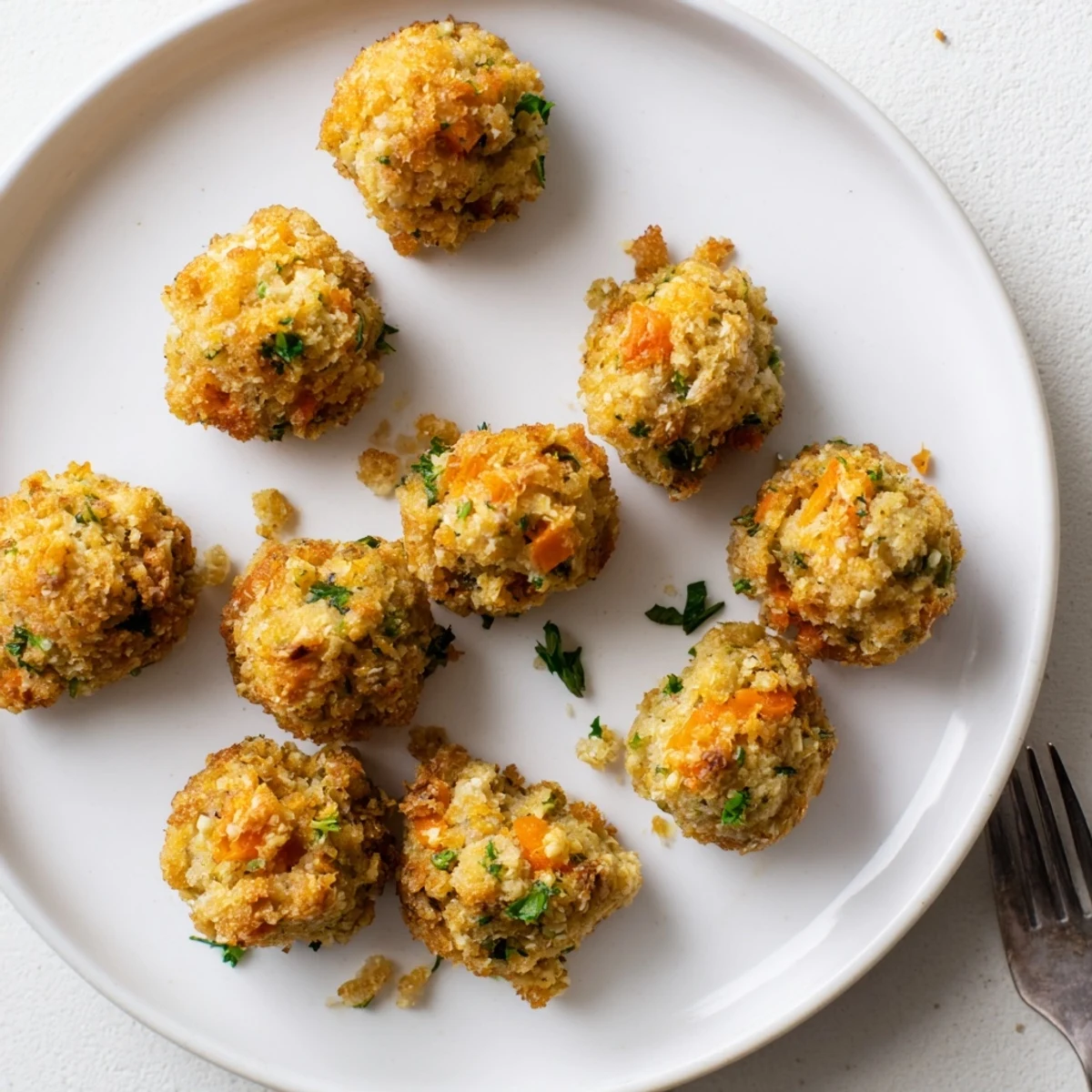 Plate of golden fried cornbread dressing balls showcasing moist interior and crispy breadcrumb exterior