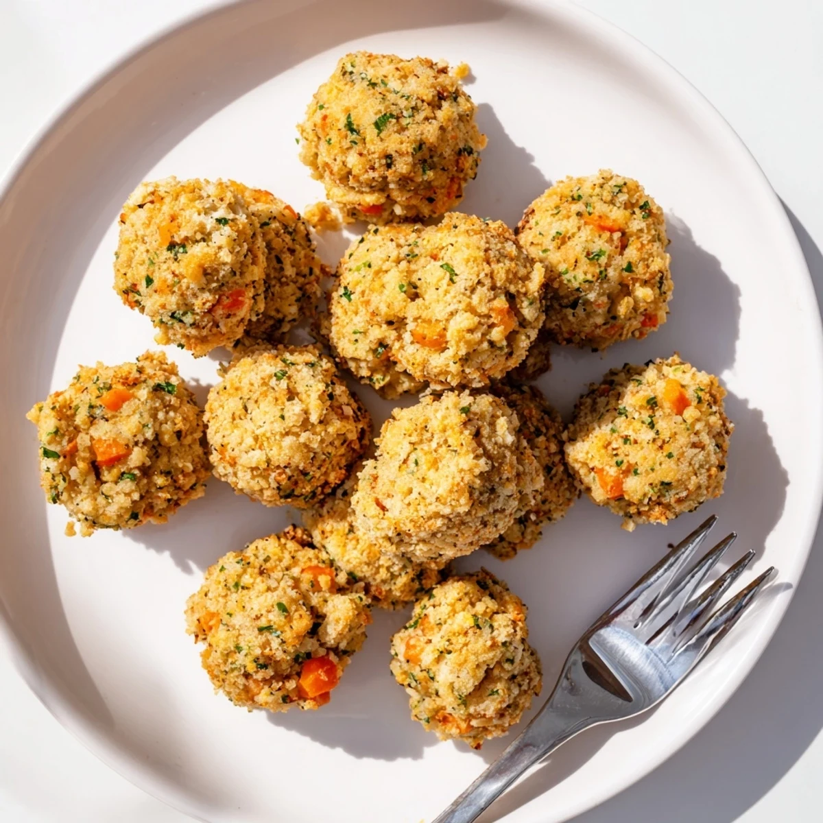 Golden brown crispy cornbread dressing balls arranged on a white serving platter with fresh parsley garnish