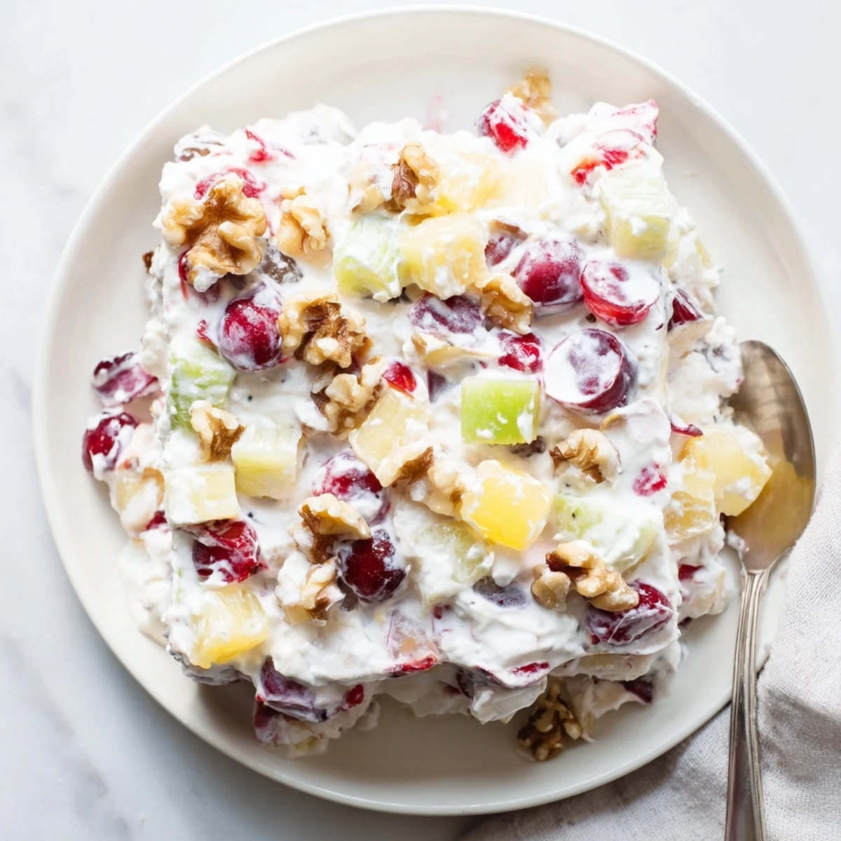Frozen cranberry salad slice topped with chopped walnuts on white dessert plate