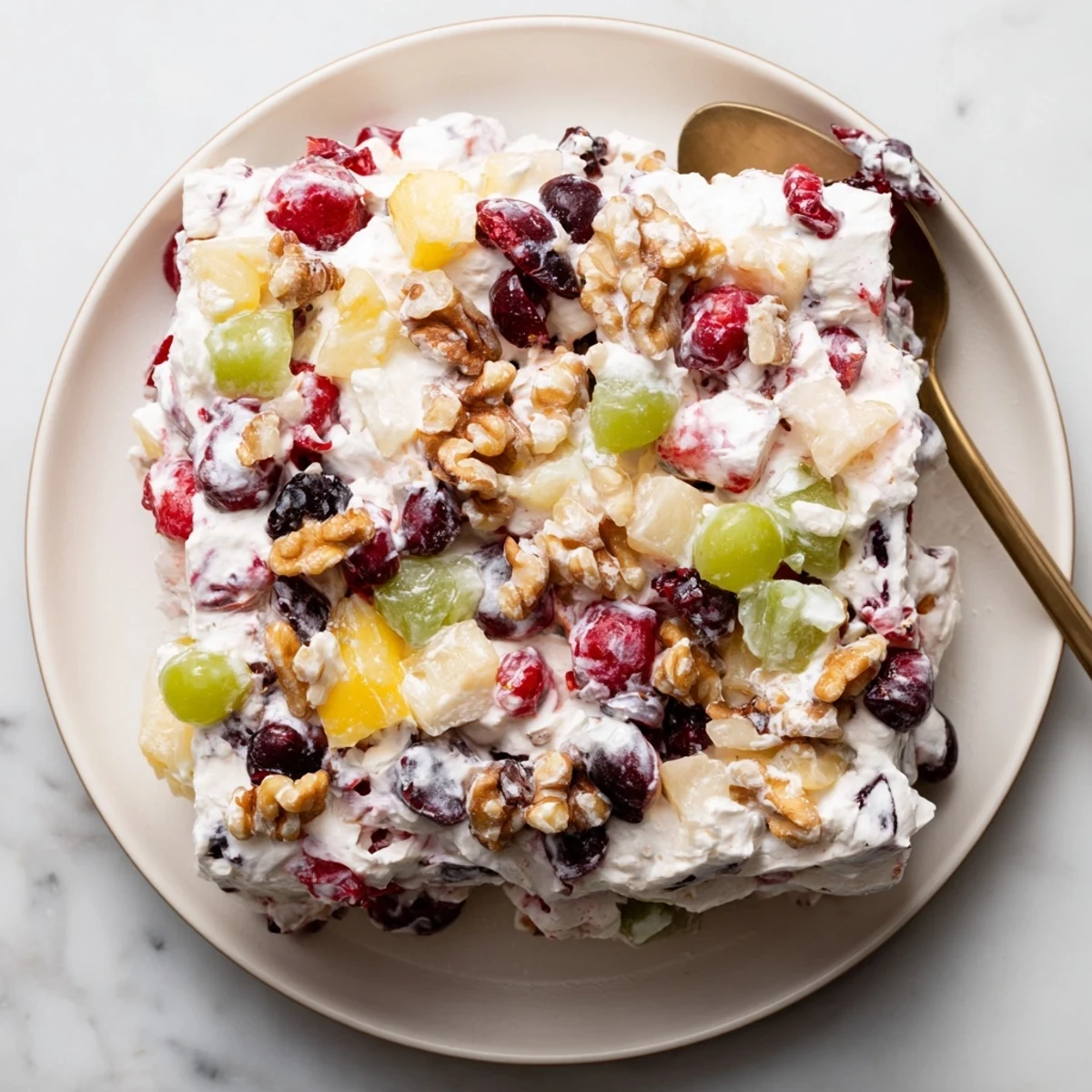 Holiday frozen cranberry salad showing colorful fruit pieces in white rectangular serving dish