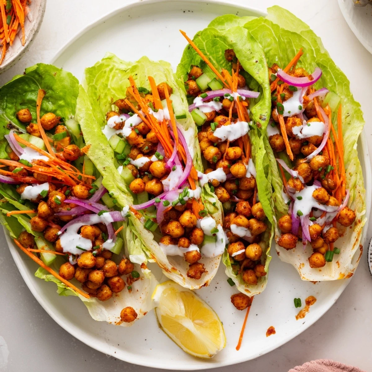 Buffalo Chickpea Lettuce Wraps piled on a platter, vibrant veggies and ranch drizzle