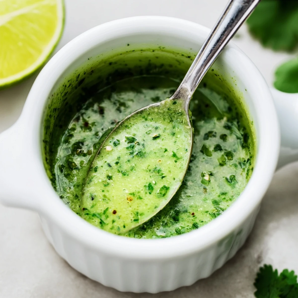 Zesty Cilantro Lime Fresh Dressing drizzled over grilled shrimp, herbaceous lime aroma.