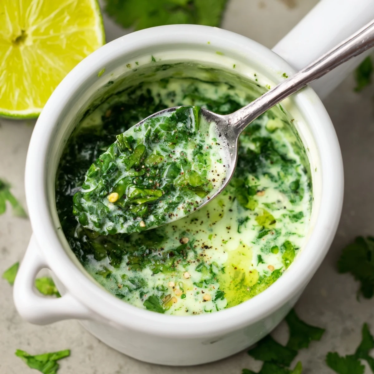 Cilantro Lime Fresh Dressing in jar, vibrant green color, ready for marinating.