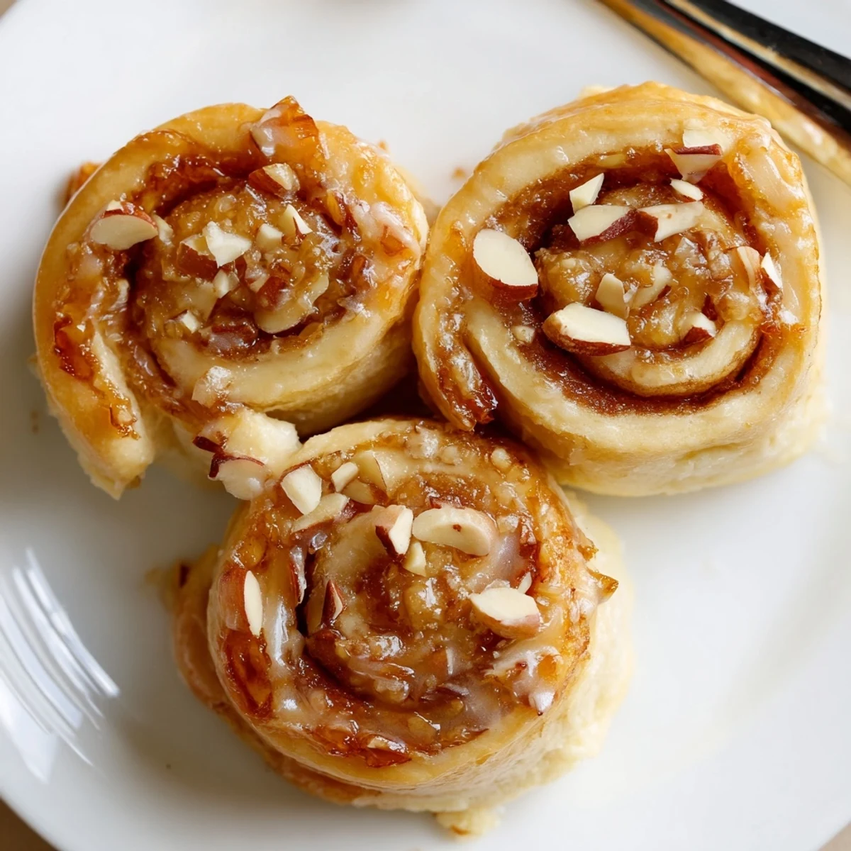 Almond Cream Cheese Rolls steaming on a plate, sweet almond glaze glistening