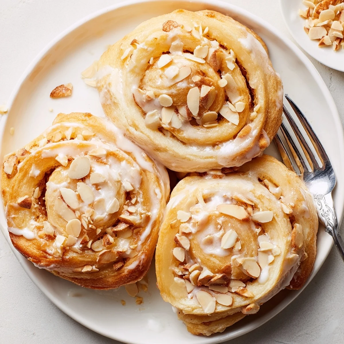 Fresh baked Almond Cream Cheese Rolls with toasted almond garnish, soft pillowy centers