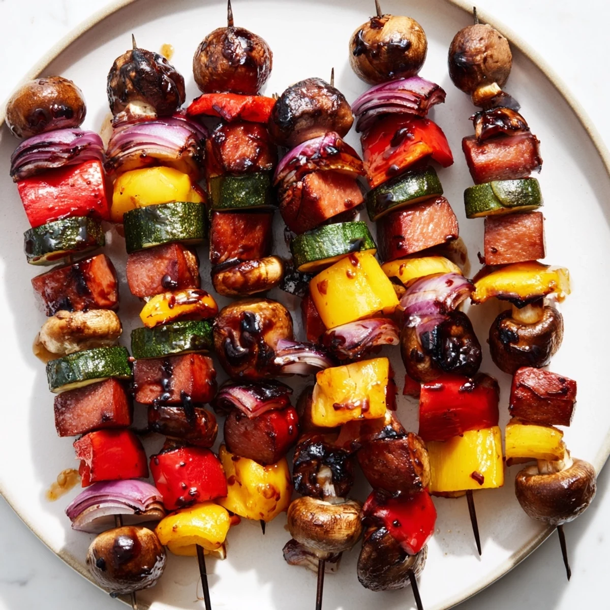 Golden grilled kielbasa kabobs with colorful peppers and zucchini glazed in balsamic honey