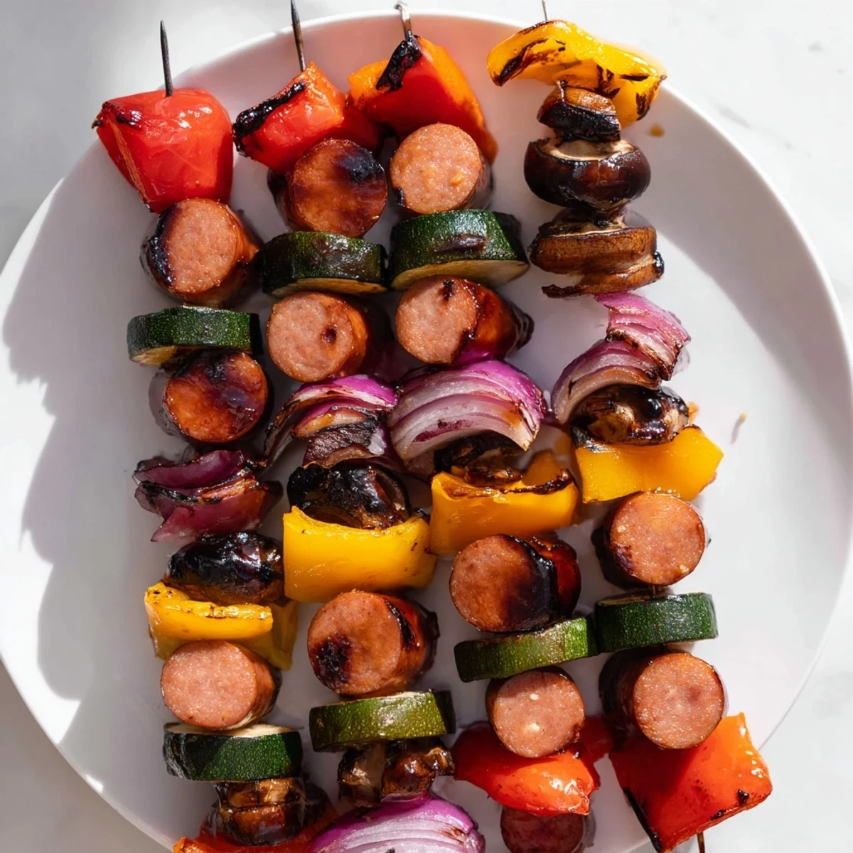 Savory kielbasa and vegetable skewers brushed with tangy balsamic honey glaze on the grill