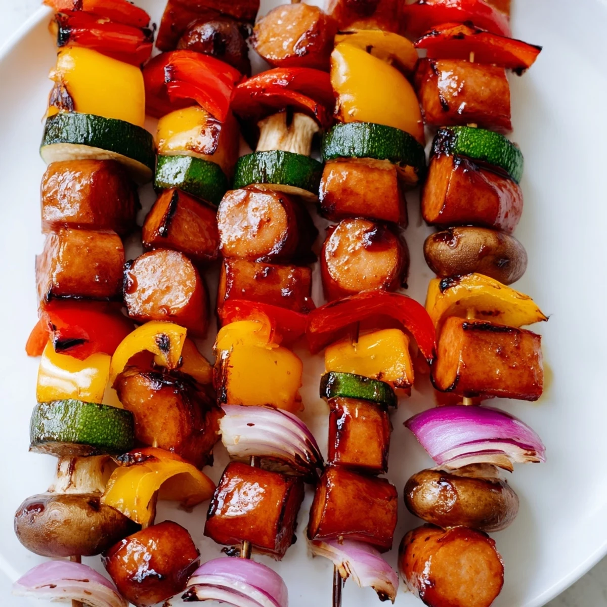 Plate of grilled kielbasa kabops featuring charred sausage, peppers, onions, and sweet balsamic honey coating