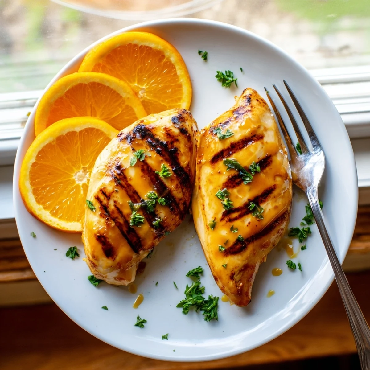 Golden orange Dijon grilled chicken breasts with caramelized grill marks and fresh parsley garnish on a white plate
