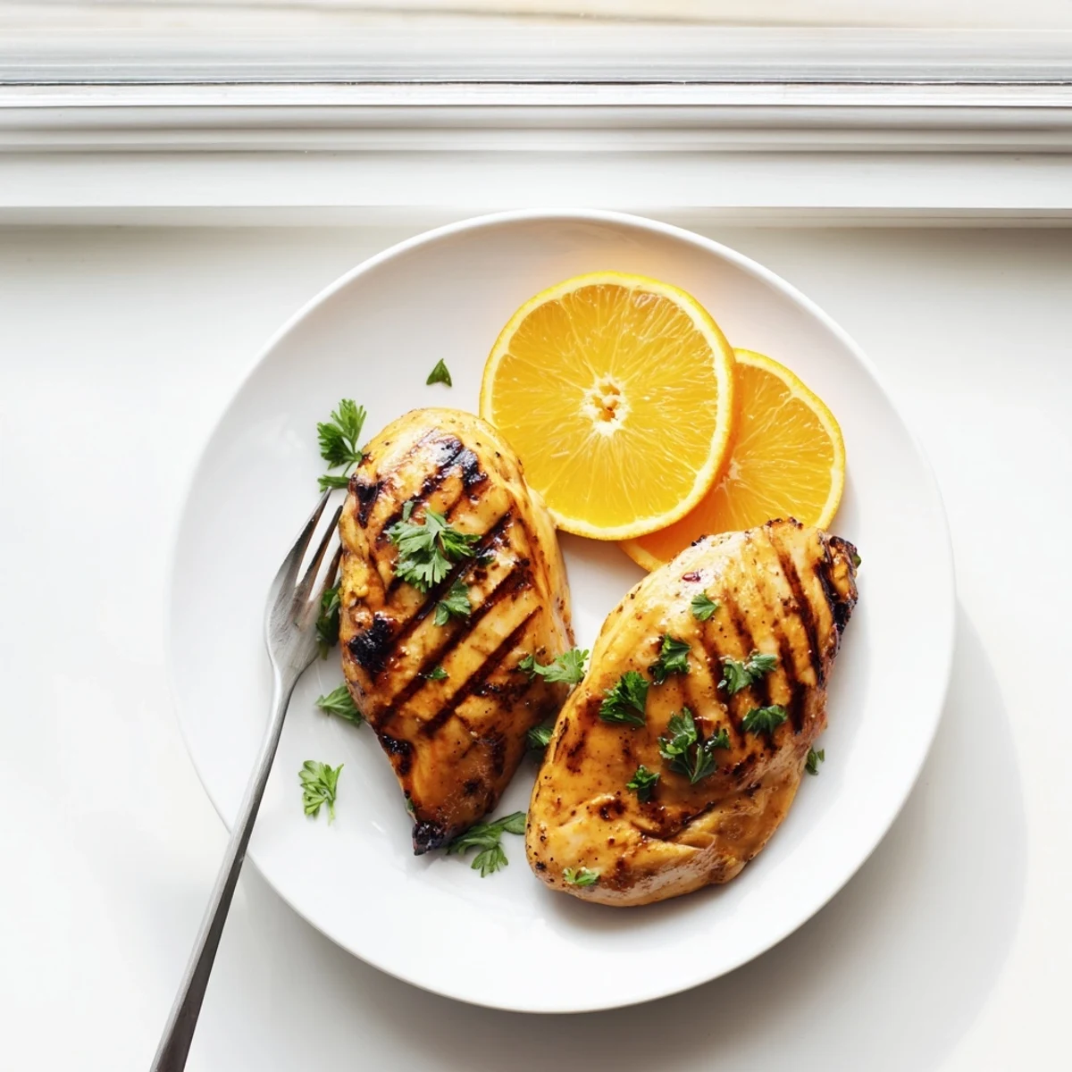 Juicy grilled chicken marinated in tangy orange Dijon mustard sauce, served with sliced orange wedges for a citrusy presentation