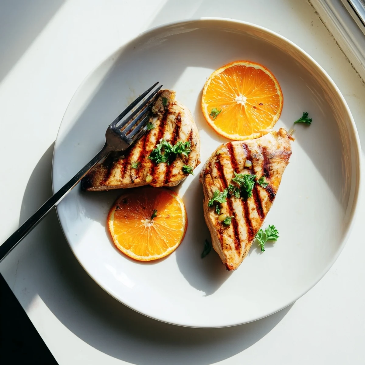 Perfectly grilled orange Dijon chicken breast slices resting on a cutting board with charred grill lines and herb topping