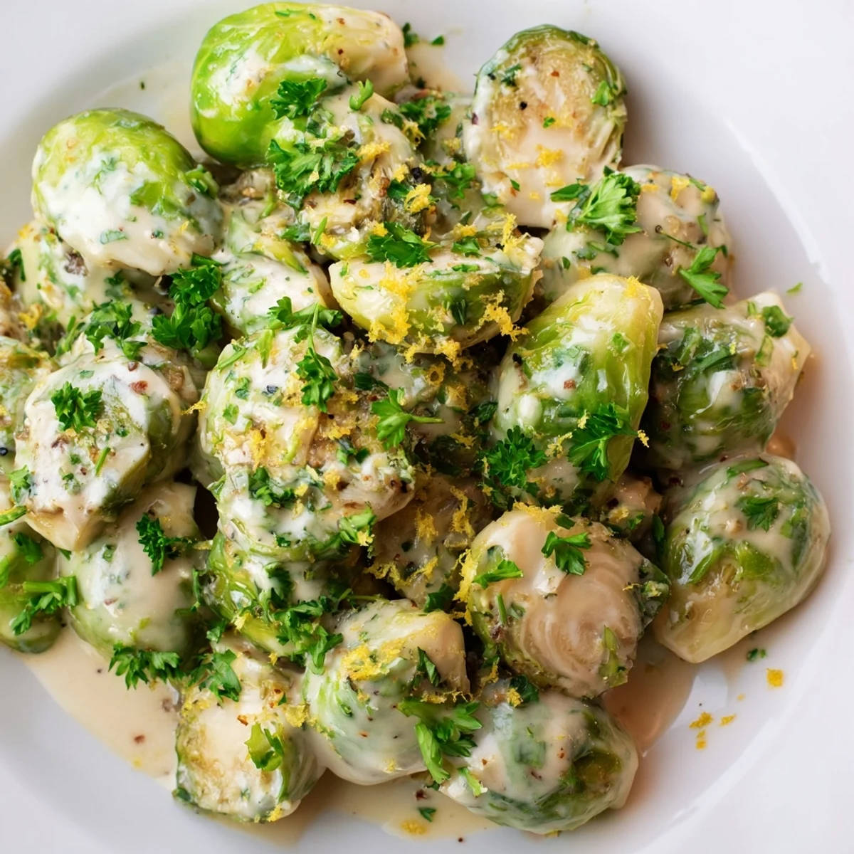Golden halved Brussels sprouts coated in melted Boursin cheese with fresh parsley garnish