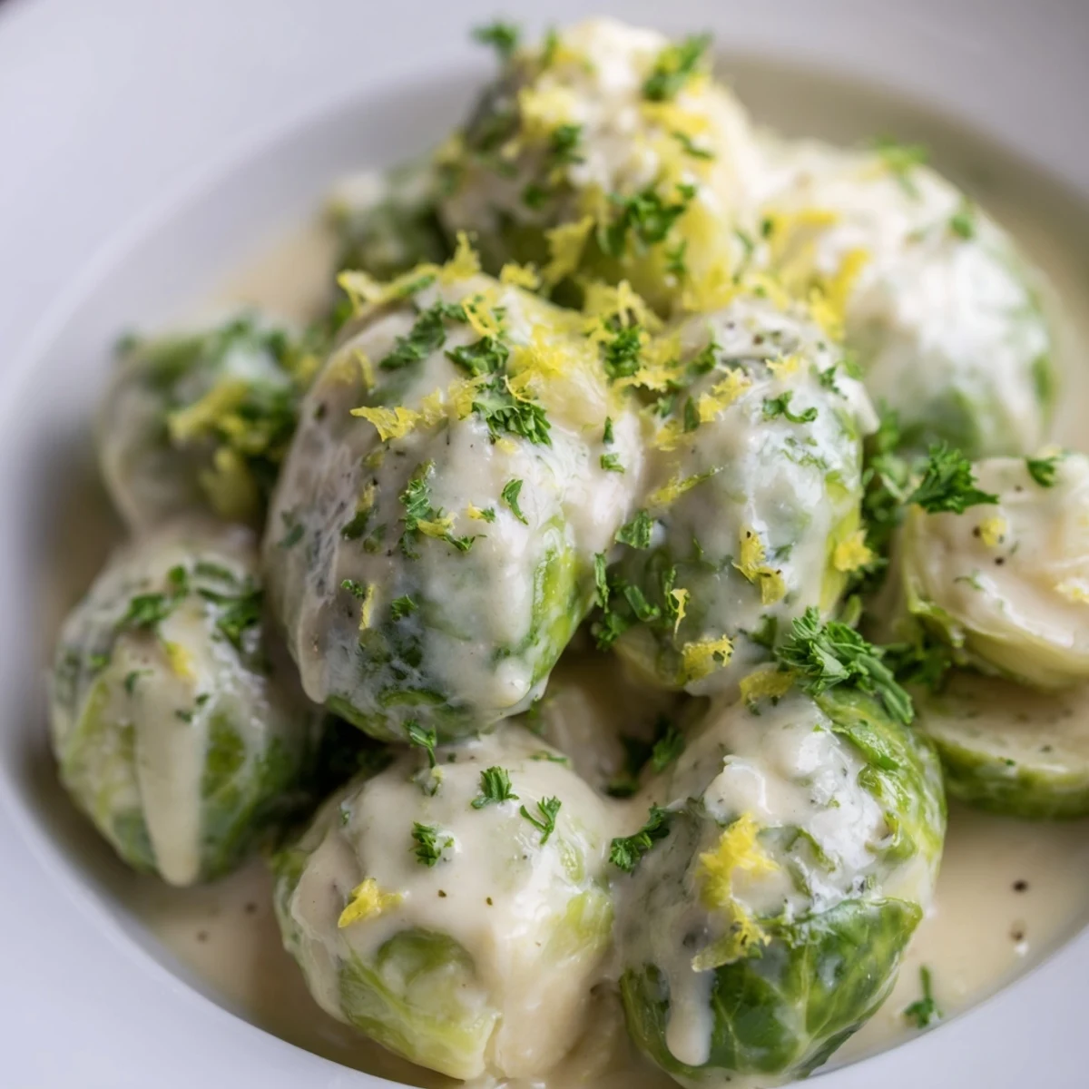 Luscious garlic and herb Boursin melts over caramelized Brussels sprouts with lemon zest topping