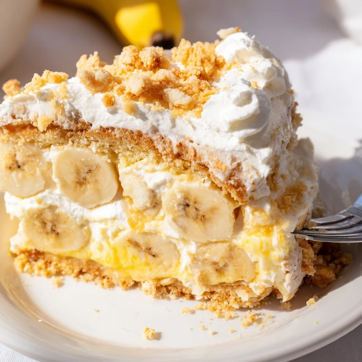 Moist Southern-style banana pudding cake topped with crushed vanilla wafers and whipped cream
