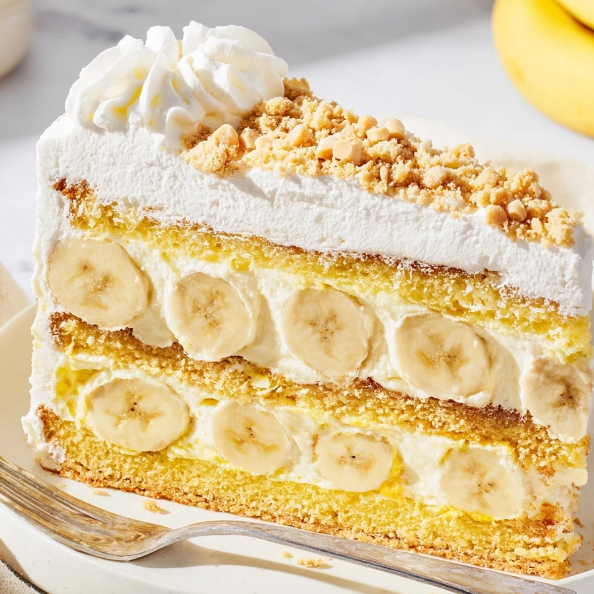 Decadent banana pudding cake slice revealing pudding layers and ripe banana garnish