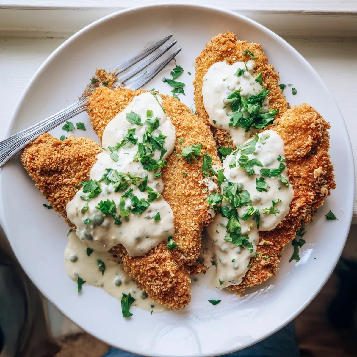 Golden brown crispy chicken breasts drizzled with rich velvety Parmesan creamy sauce garnished with fresh parsley