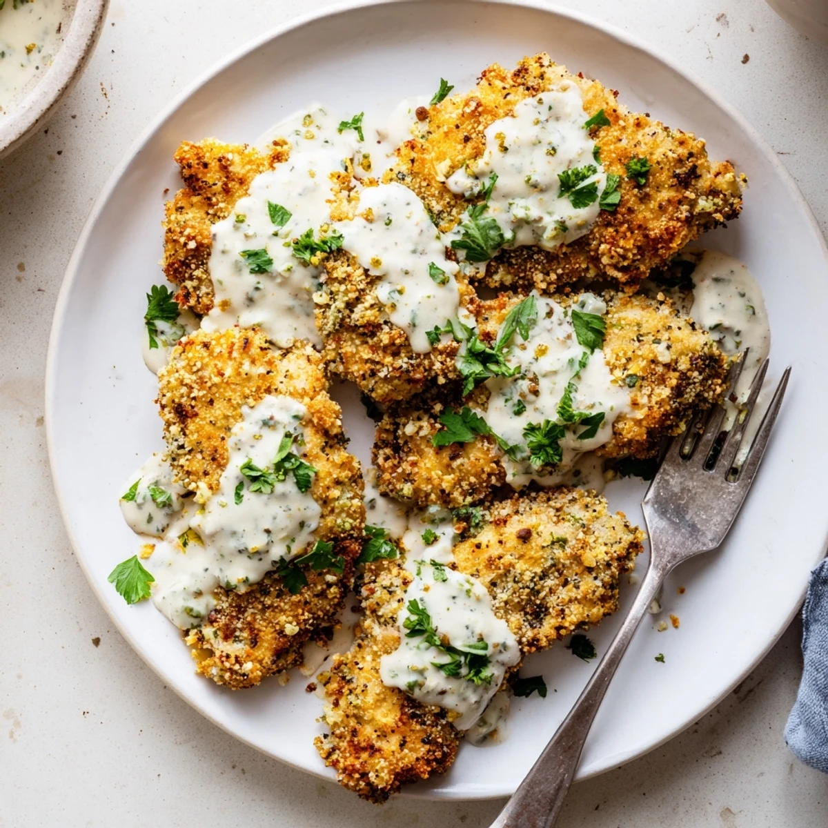 Succulent breaded chicken breasts smothered in a thick white garlic cream sauce served on a white dinner plate
