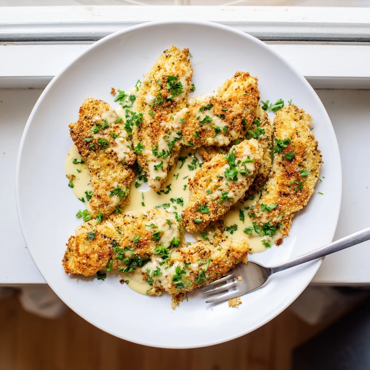 Pan-seared panko crusted chicken breasts resting in a luxurious Parmesan cream sauce ready for a comforting family dinner