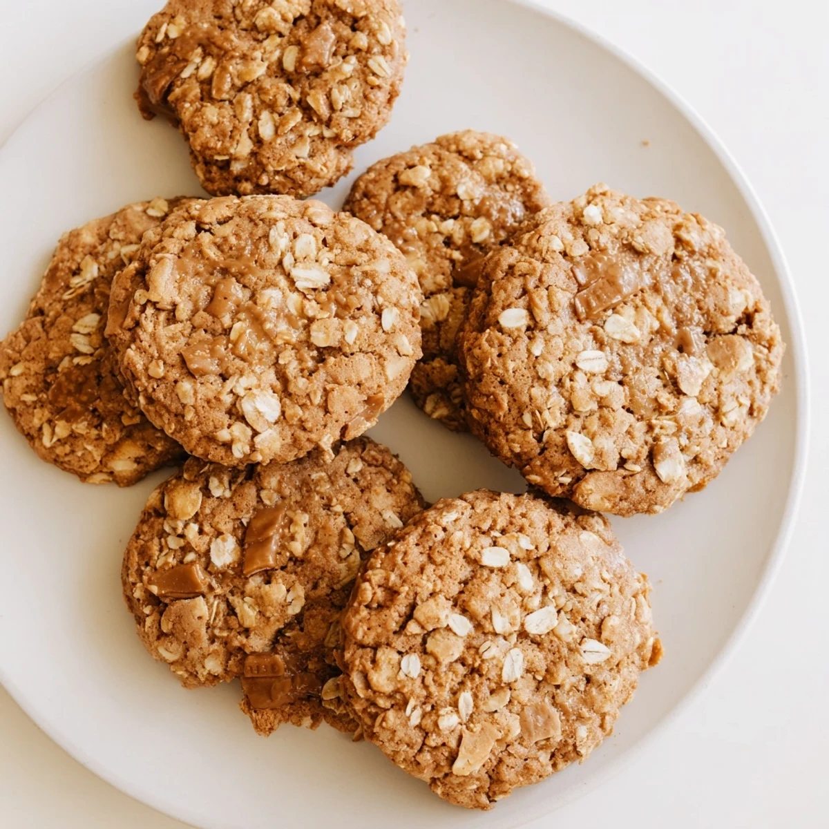 Golden brown Biscoff oatmeal cookies topped with caramelized Lotus cookie pieces on a cooling rack