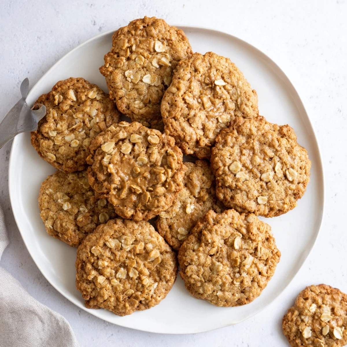 Stack of homemade Biscoff oatmeal Lotus cookies featuring chopped caramel biscuit bits and oats
