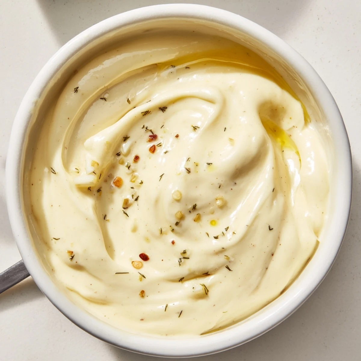 Silky Creamy Tangy Sauce chilled in bowl, bright lemon flavor, great for dipping.