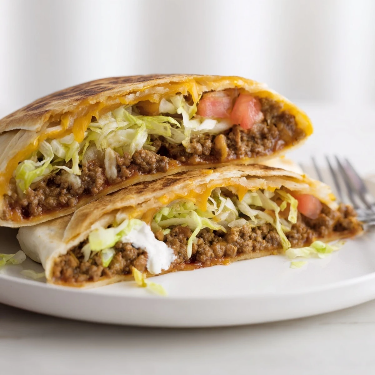 Ultimate Cheesy Beef Crunch Wraps halved to show gooey cheese and seasoned beef