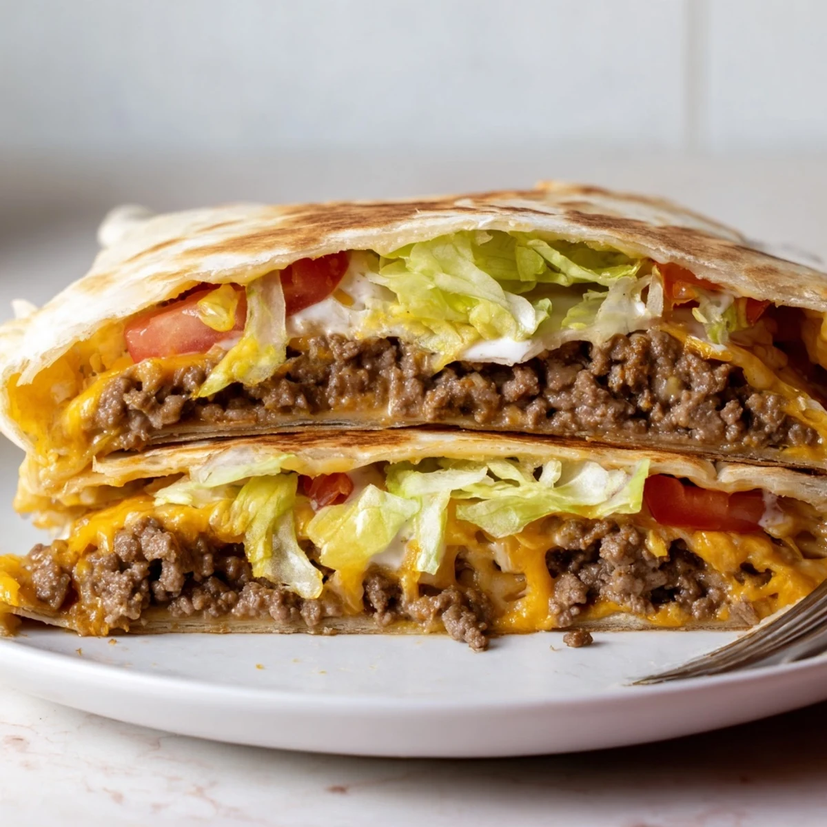Crisp tostada layer inside Ultimate Cheesy Beef Crunch Wraps topped with diced tomatoes