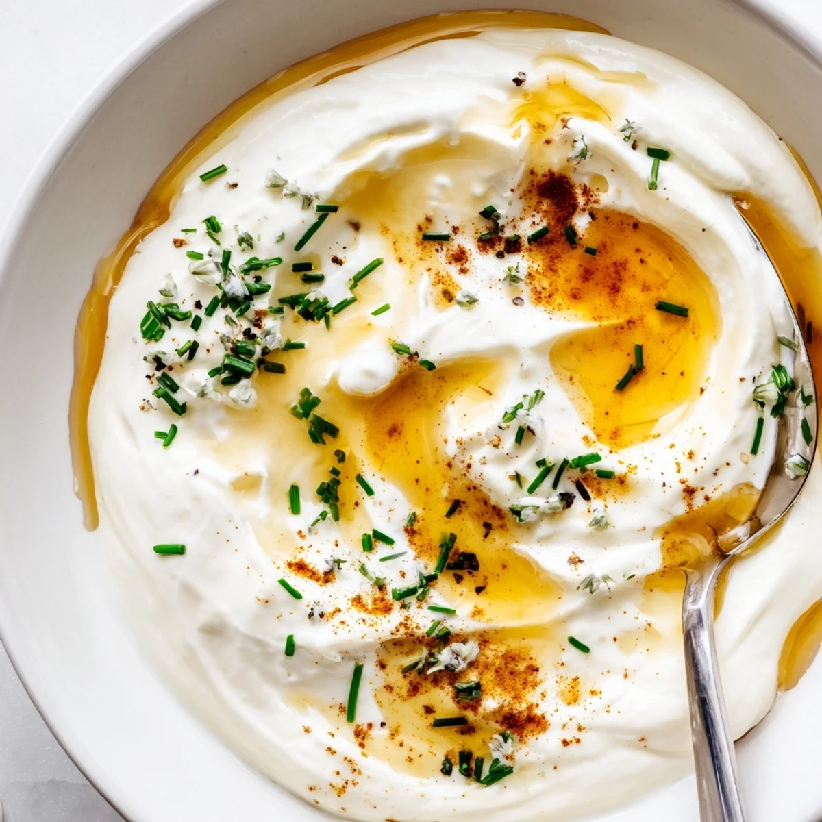 Creamy Hot Honey Ranch Dip in bowl with fresh chives, ready to serve