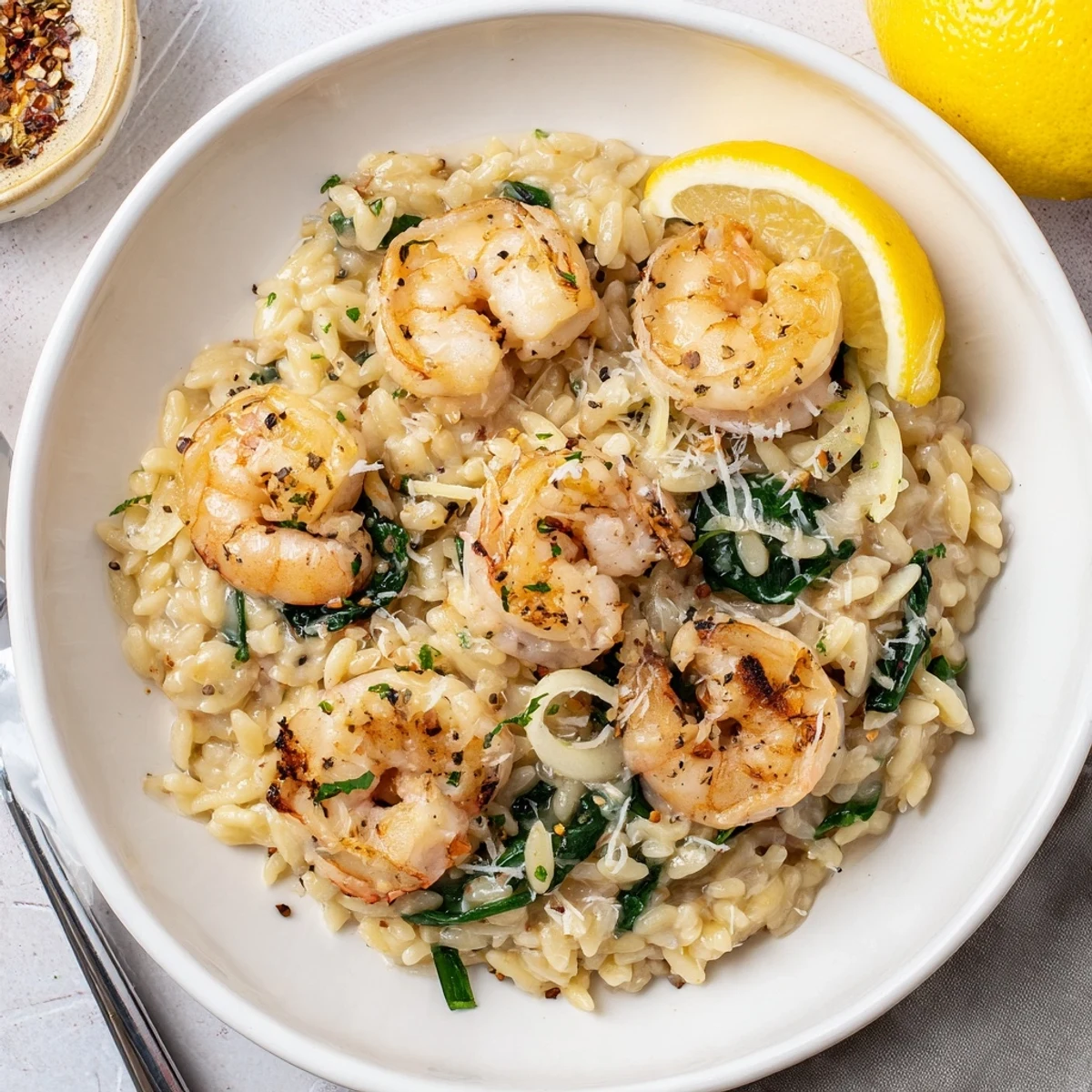 Creamy Shrimp Orzo Recipe plated hot with parsley, lemon wedge, steam rising