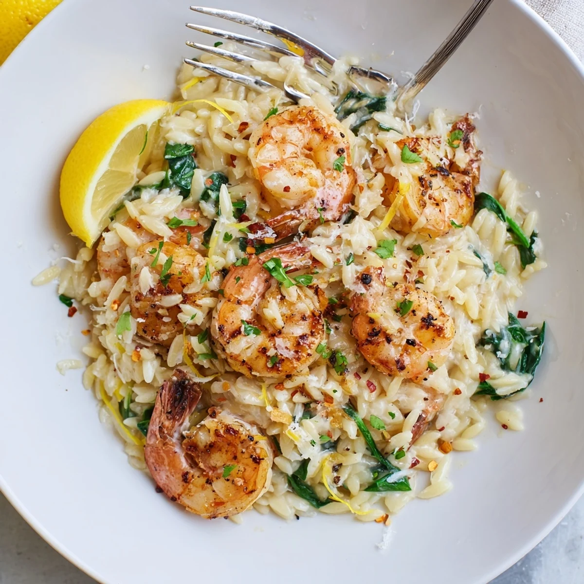 A comforting Creamy Shrimp Orzo Recipe with lemon zest and wilted spinach