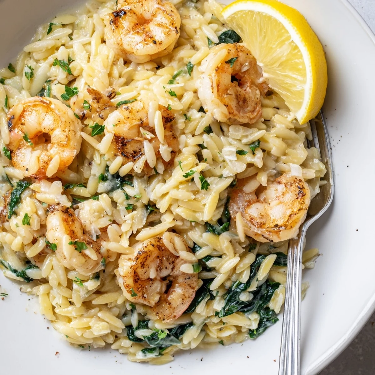 Serve warm Creamy Shrimp Orzo Recipe in skillet, creamy sauce coating orzo