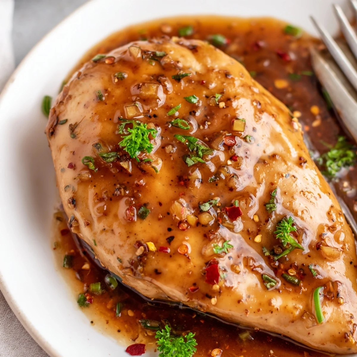Slow Cooker Brown Sugar Garlic Chicken glazed in sticky sauce over steamed rice