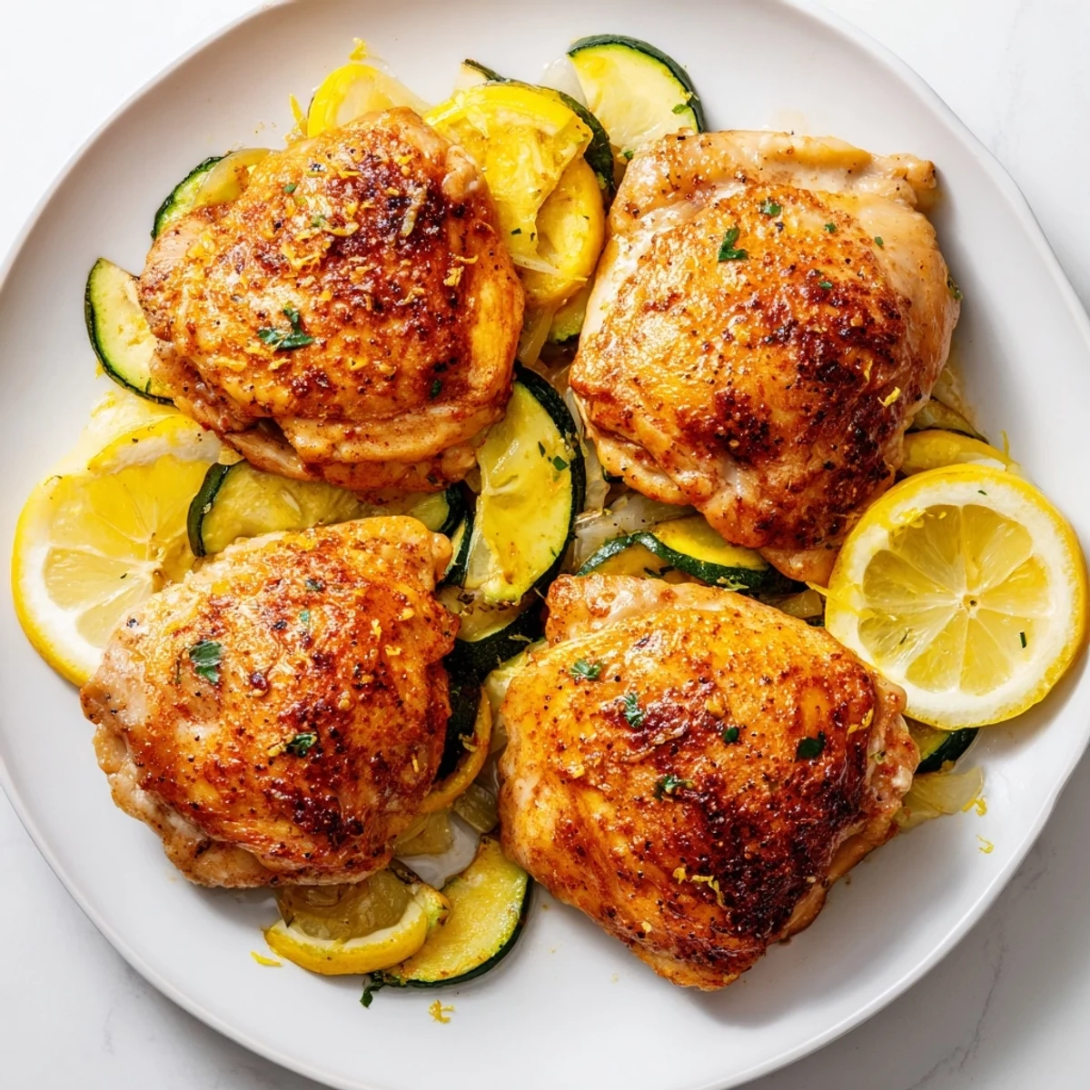Pan-seared Asado Chicken With Lemon Zucchini Saute served with parsley and lemon