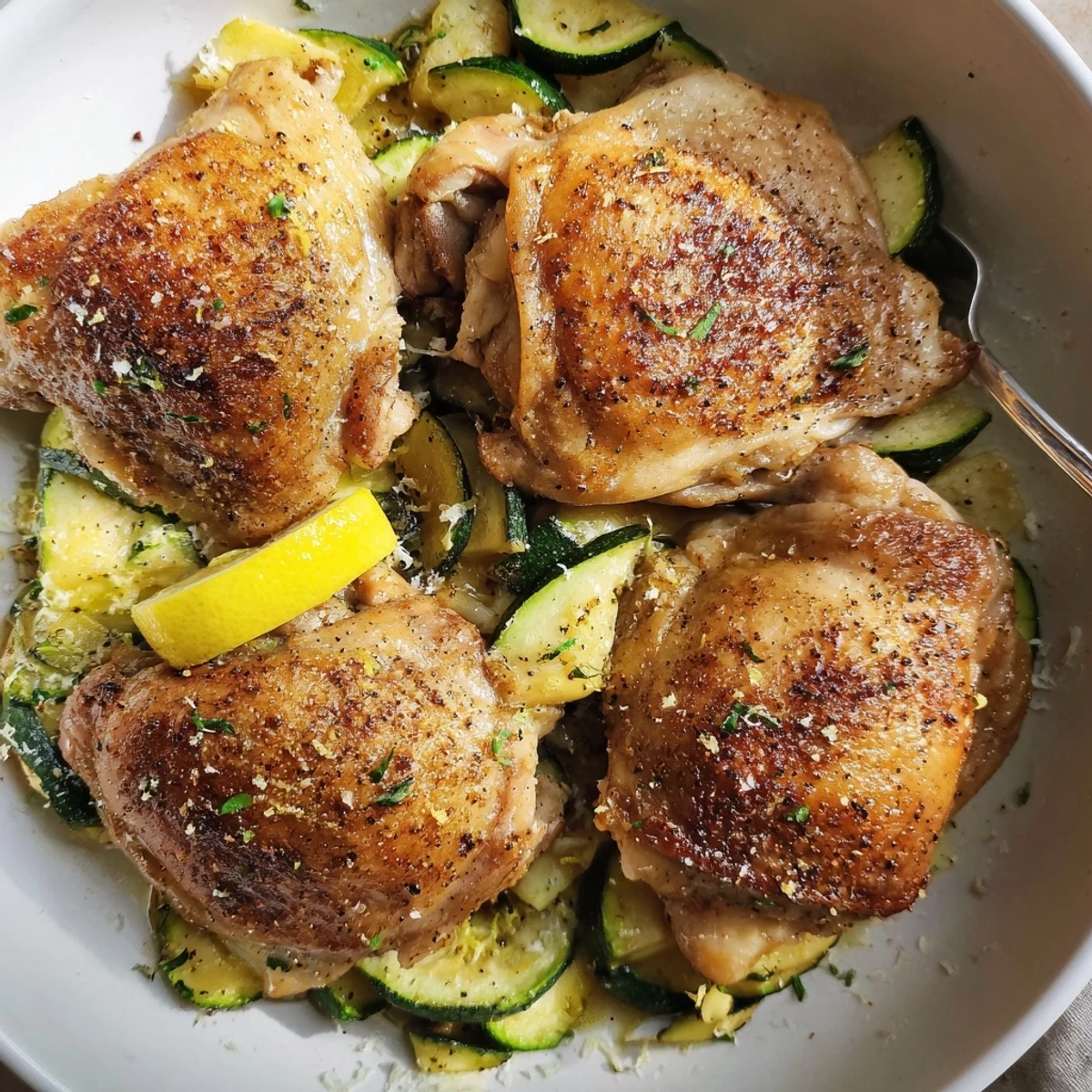 Asado Chicken With Lemon Zucchini Saute, juicy seared thighs with citrus-scented zucchini