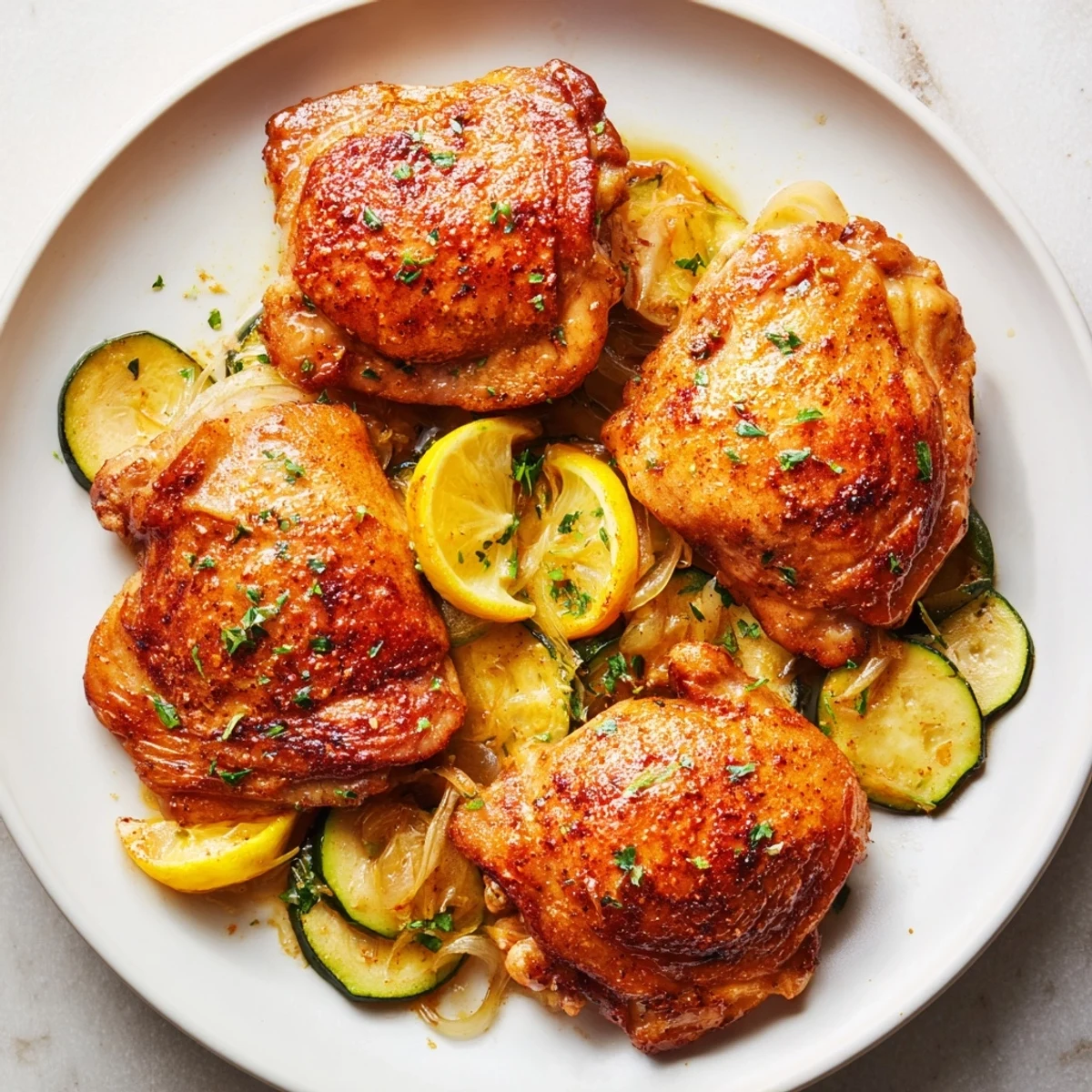 Skillet Asado Chicken With Lemon Zucchini Saute — fragrant garlic, bright lemon garnish