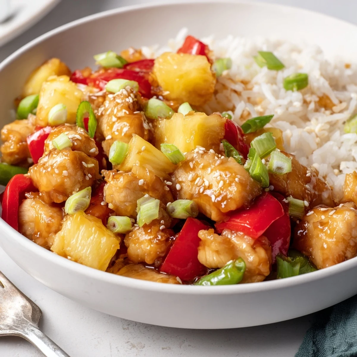 Pineapple Chicken And Rice glistening in a glossy sauce with vibrant bell peppers