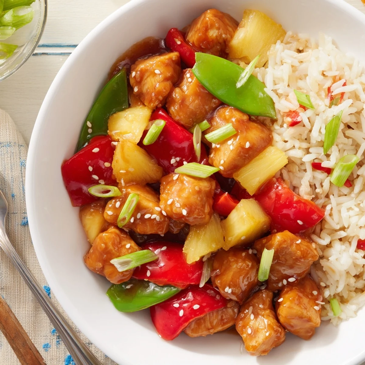 Pineapple Chicken And Rice served steaming in a wok, garnished with green onions