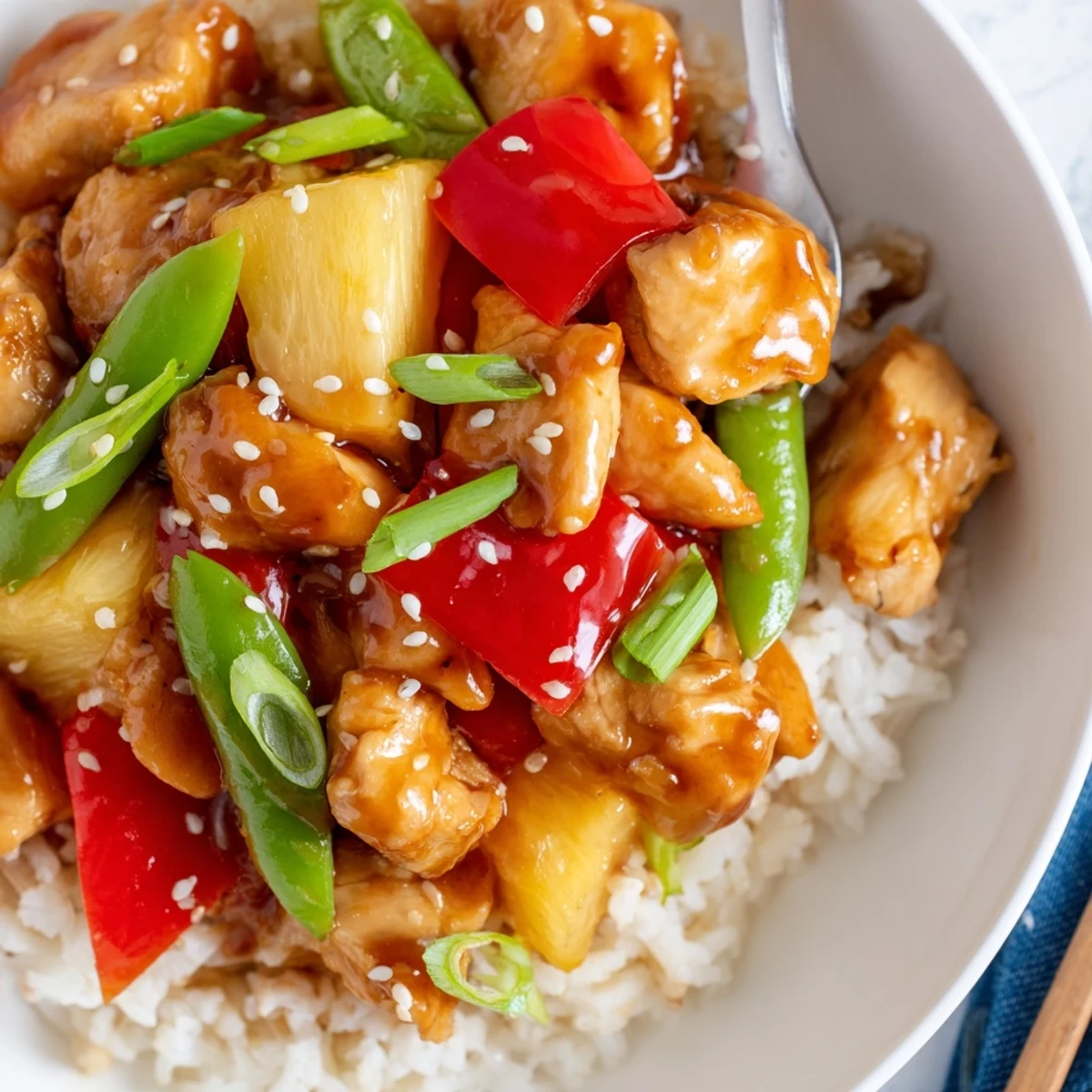 Pineapple Chicken And Rice with tender chicken, juicy pineapple, and crisp snap peas
