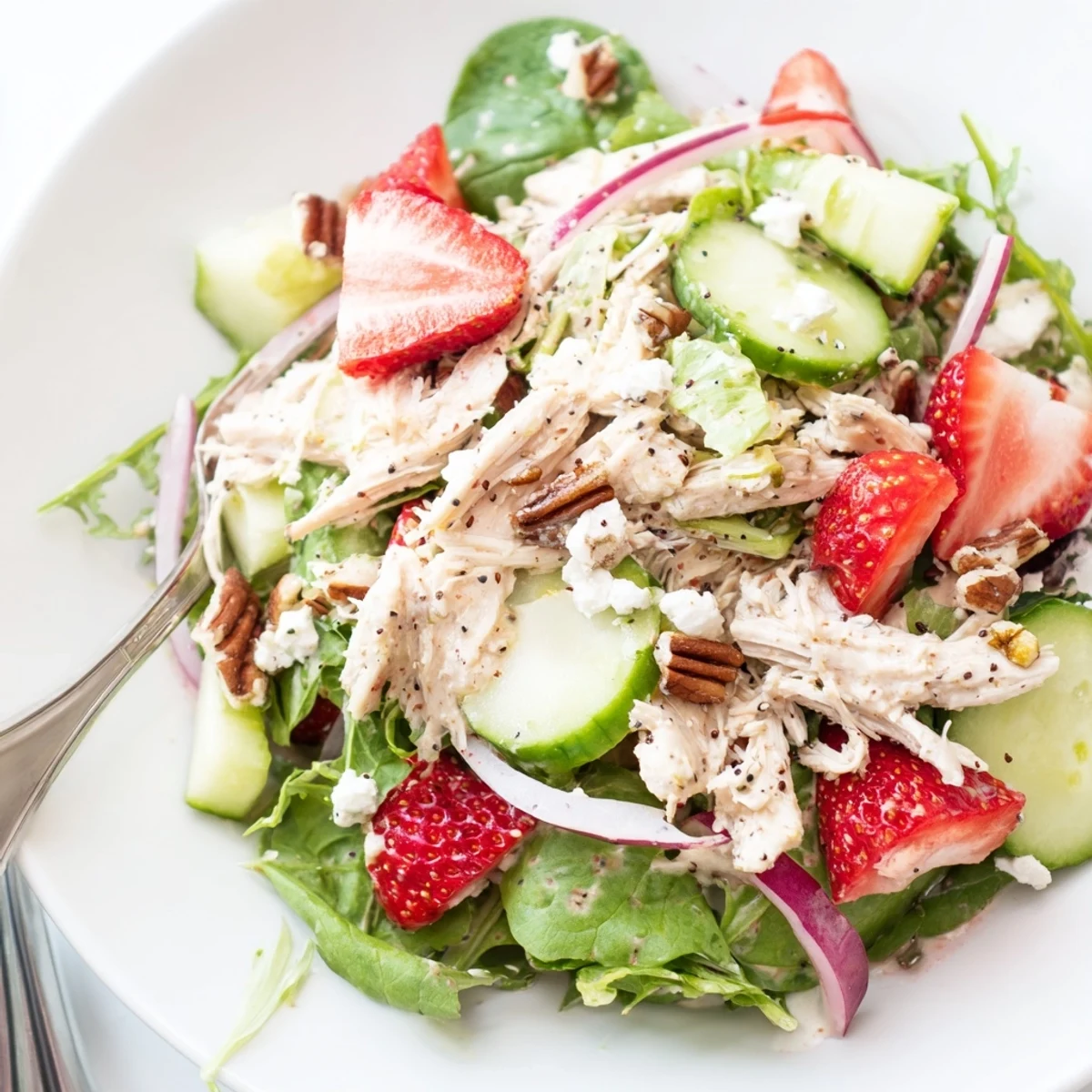 Strawberry Poppy Seed Rotisserie Chicken Salad with juicy strawberries, crunchy pecans, creamy dressing
