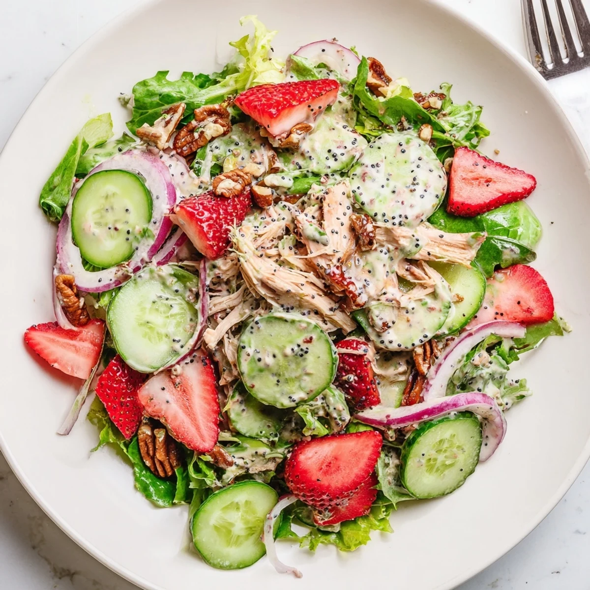 A vibrant summer bowl: Strawberry Poppy Seed Rotisserie Chicken Salad topped with crumbled feta