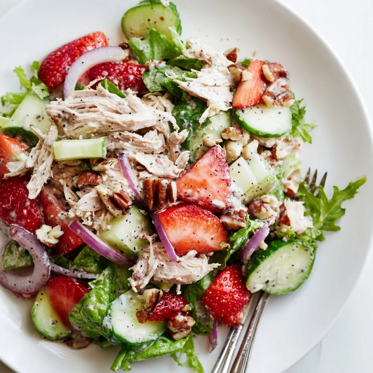 Serve Strawberry Poppy Seed Rotisserie Chicken Salad chilled alongside crusty bread and rosé
